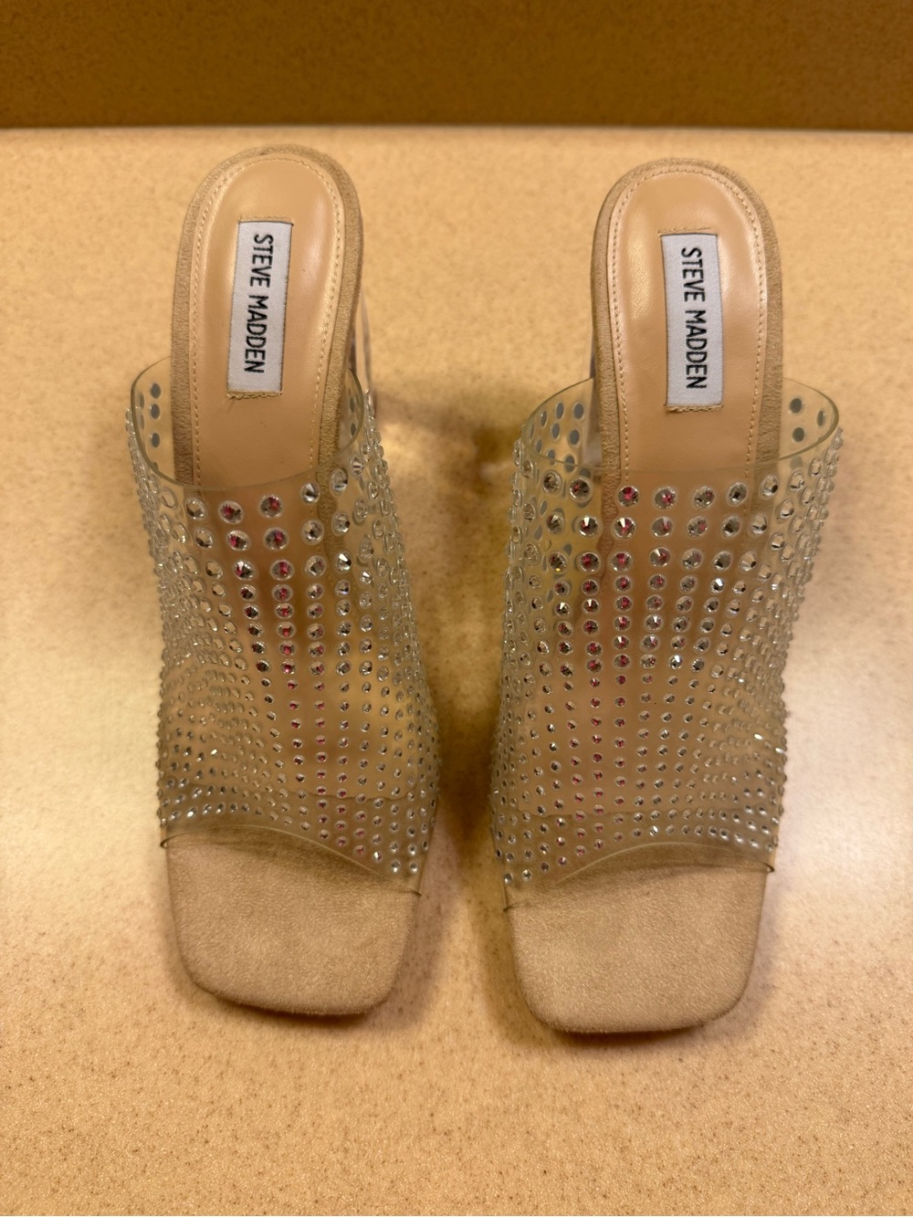 Steve Madden Nicely Clear Rhinestone Block Heel Mule Sandals Size 10 EUC Modern